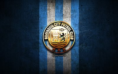Guayaquil City FC, golden logo, Ecuadorian Serie A, blue metal background, football, FC Guayaquil City, Ecuadorian football club, Guayaquil City logo, soccer, Ecuador