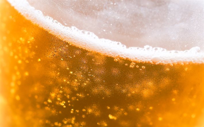 birra texture 4k, macro, vetro, birra, schiuma della birra, bolle, bevande texture, la birra con schiuma di birra sfondo, birra chiara