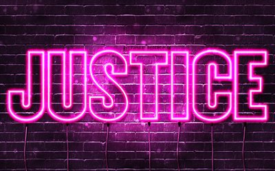 Justice, 4k, wallpapers with names, female names, Justice name, purple neon lights, horizontal text, picture with Justice name
