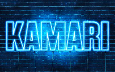Kamari, 4k, les papiers peints avec les noms, le texte horizontal, Kamari nom, bleu n&#233;on, une photo avec le nom de Kamari