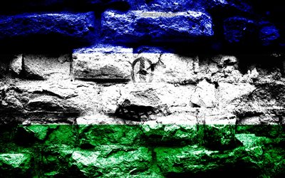 Lesotho flag, grunge brick texture, Flag of Lesotho, flag on brick wall, Lesotho, flags of Africa countries
