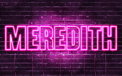 Meredith, 4k, wallpapers with names, female names, Meredith name, purple neon lights, horizontal text, picture with Meredith name