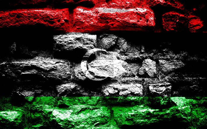 Libya flag, grunge brick texture, Flag of Libya, flag on brick wall, Libya, flags of Africa countries