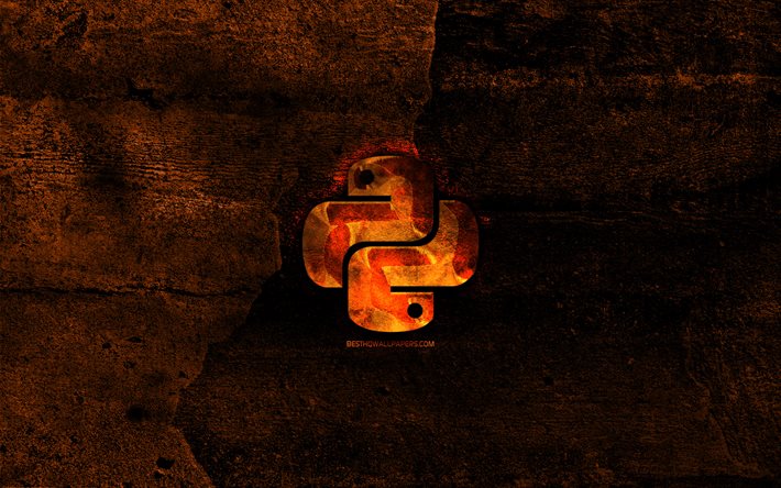 Python logo fiery, langage de programmation, l&#39;orange de pierre fond, cr&#233;atif, Python logo, de la programmation en langue des signes, Python