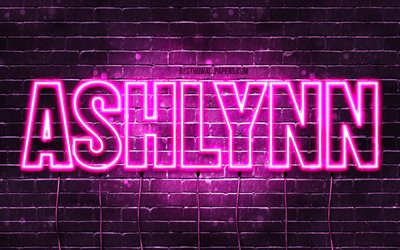 Ashlynn, 4k, wallpapers with names, female names, Ashlynn name, purple neon lights, horizontal text, picture with Ashlynn name