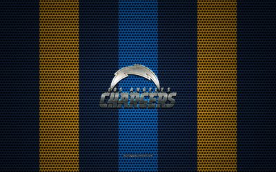 Los Angeles Chargers logo, American football club, metal emblem, yellow-blue metal mesh background, Los Angeles Chargers, NFL, Los Angeles, California, USA, american football