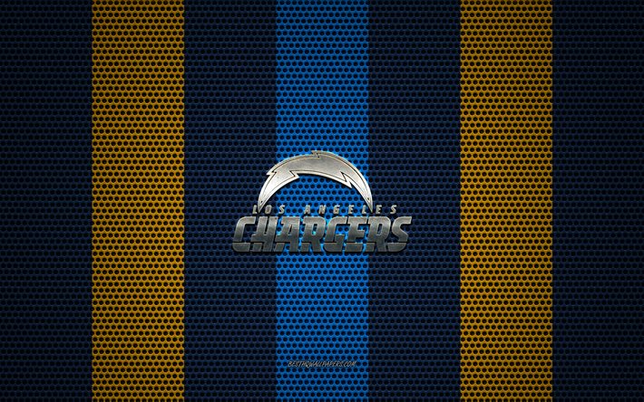 Los Angeles Chargers logosu, Amerikan Futbol Kul&#252;b&#252;, metal amblem, Sarı-Mavi metal &#246;rg&#252; arka plan, Los Angeles Chargers, NFL, Los Angeles, Kaliforniya, ABD, Amerikan Futbolu