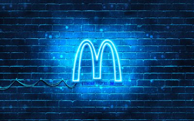 McDonalds blue logo, 4k, blue brickwall, McDonalds logo, brands, McDonalds neon logo, McDonalds