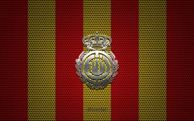 RCD Mallorca logo, Spanish football club, metal emblem, red yellow metal mesh background, RCD Mallorca, La Liga, Palma de Mallorca, Spain, football