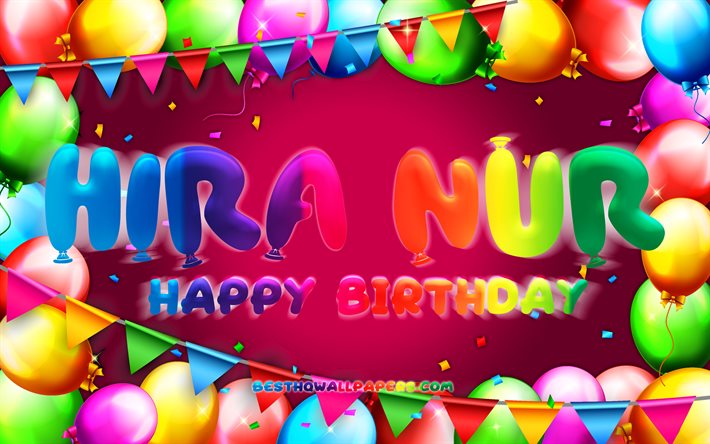 お誕生日おめで比良ンヌール, 4k, カラフルバルーンフレーム, 比良ヌル名, 紫色の背景, 比良ンヌールお誕生日おめで, 比良ンヌール誕生日, 人気のトルコの女性の名前, 誕生日プ, 比良のみ