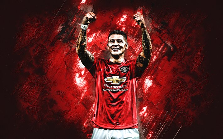 Marcos Rojo, jogador de futebol argentino, retrato, O Manchester United FC, pedra vermelha de fundo, Premier League, Inglaterra, futebol