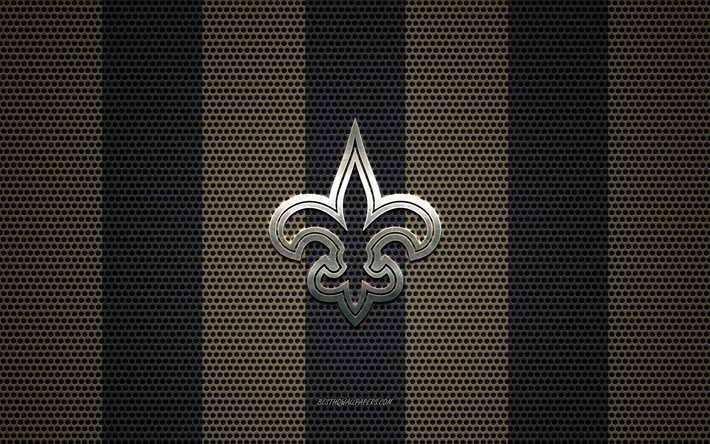 New Orleans Saints logo, American football club, metalli-tunnus, gold black metal mesh tausta, New Orleans Saints, NFL, New Orleans, Louisiana, USA, amerikkalainen jalkapallo