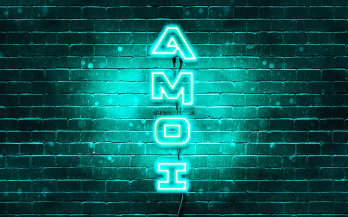 4K, Amoi turquoise logo, vertical text, turquoise brickwall, Amoi neon logo, creative, Amoi logo, artwork, Amoi