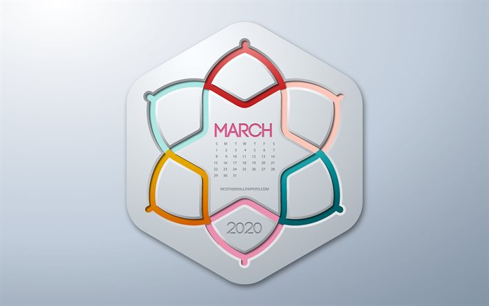 2020 March Calendar, infographics style, March, 2020 spring calendars, gray background, March 2020 Calendar, 2020 concepts