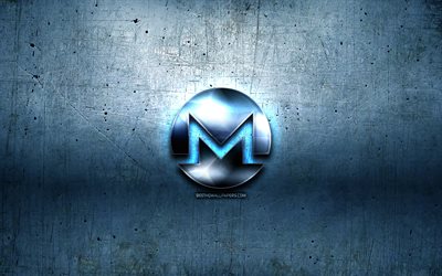 Monero metall logo, grunge, cryptocurrency, bl&#229; metall bakgrund, Monero, kreativa, Monero logotyp