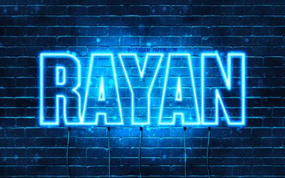 Rayan, 4k, taustakuvia nimet, vaakasuuntainen teksti, Rayan nimi, blue neon valot, kuva Rayan nimi
