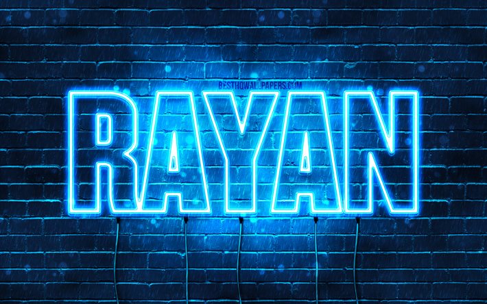 Rayan, 4k, tapeter med namn, &#246;vergripande text, Rayan namn, bl&#229;tt neonljus, bild med Rayan namn