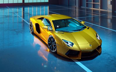 Lamborghini Aventador, 4k, aparcamiento, supercars, amarillo Aventador, italiano coches, Lamborghini