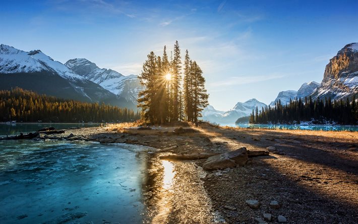 Maligne Lago, tramonto, montagna, fiume, Canada, natura, montagne, Nord America, canadesi, Parco Nazionale di Jasper