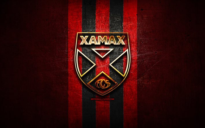FC Xamax, golden logo, Swiss Super League, red metal background, football, Neuchatel Xamax FCS, swiss football club, Xamax logo, soccer, Switzerland