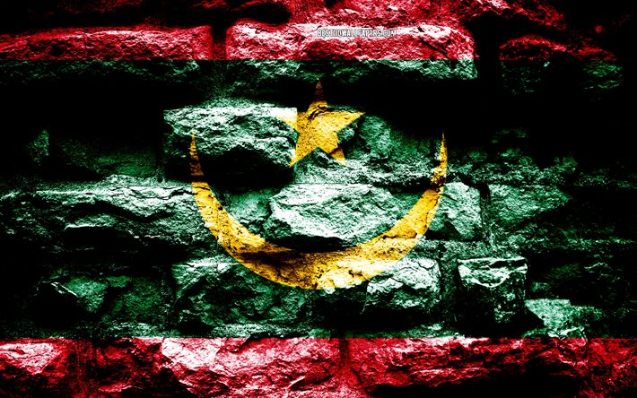 Mauritania bandiera, grunge texture di mattoni, Bandiera della Mauritania, bandiera su un muro di mattoni, Mauritania, bandiere di paesi dell&#39;Africa