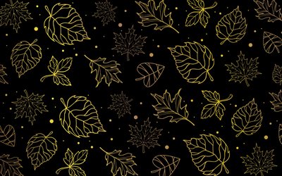sfondo nero con foglie d&#39;oro, foglie texture nera, foglie ornamenti consistenza, foglie sfondo, lascia ornamenti
