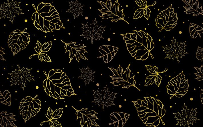 fundo preto com folhas de ouro, folhas de textura preta, folhas de textura ornamentos, folhas de fundo, folhas ornamentos