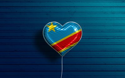 Me Encanta la Rep&#250;blica Democr&#225;tica del Congo, 4k, realista globos, de madera azul de fondo, los pa&#237;ses Africanos, favorito de los pa&#237;ses, la bandera de la Rep&#250;blica Democr&#225;tica del Congo, los globos con la bandera de la Rep&