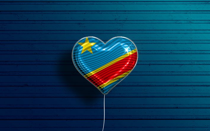Amo Repubblica Democratica del Congo, 4k, realistico palloncini, blu sfondo di legno, i paesi Africani, paesi preferiti, la bandiera della Repubblica Democratica del Congo, a palloncino con bandiera, Repubblica Democratica del Congo
