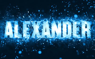 ハッピーバースデーアレクサンダー, 4k, 青いネオンライト, アレクサンダーの名前, creative クリエイティブ, アレクサンダーハッピーバースデー, アレクサンダーの誕生日, 人気のあるアメリカ人男性の名前, アレクサンダーの名前を持つ絵, アレッサンドロ