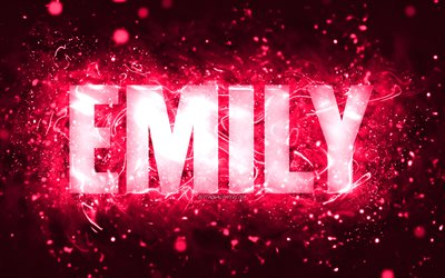 Happy Birthday Emily, 4k, pink neon lights, Emily name, creative, Emily Happy Birthday, Emily Birthday, popular american female names, picture with Emily name, Emily
