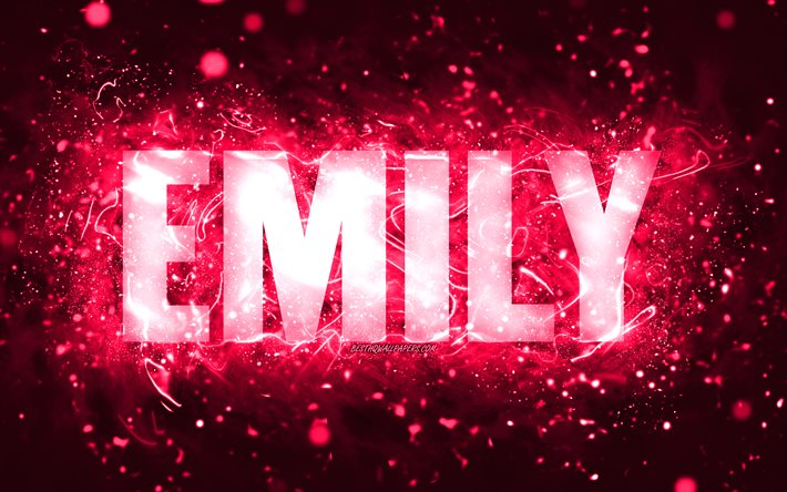 お誕生日おめでとうエミリー, 4k, ピンクネオンライト, エミリーの名前, creative クリエイティブ, エミリーハッピーバースデー, エミリーの誕生日, 人気のアメリカ人女性の名前, エミリーの名前の絵, エミリー