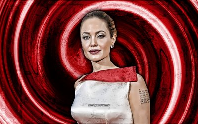 4k, Angelina Jolie, red grunge background, american actress, movie stars, vortex, Angelina Jolie Pitt, Angelina Jolie 4K