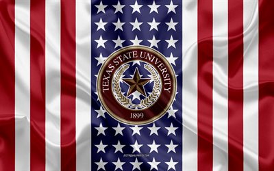 Texas State University Emblem, American Flag, Texas State University logo, San Marcos, Texas, USA, Texas State University
