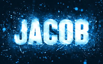 Happy Birthday Jacob, 4k, blue neon lights, Jacob name, creative, Jacob Happy Birthday, Jacob Birthday, popular american male names, picture with Jacob name, Jacob