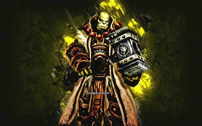 Thrall, World of Warcraft, Son of Durotan, WoW, sfondo di pietra gialla, personaggi di WoW, personaggi di World of Warcraft, Thrall WoW, Thrall World of Warcraft