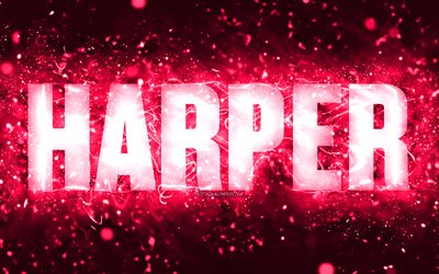 Buon compleanno Harper, 4k, luci al neon rosa, nome Harper, creativo, buon compleanno Harper, compleanno di Harper, nomi femminili americani popolari, foto con il nome di Harper, Harper