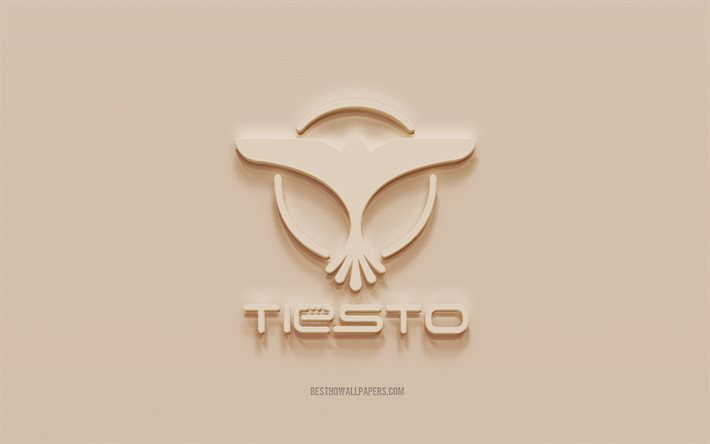 Logo Tiesto, fond de pl&#226;tre marron, logo 3d Tiesto, musiciens, embl&#232;me Tiesto, art 3d, Tiesto