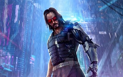 4k, Johnny Silverhand, rain, Cyberpunk 2077, RPG, fan art, Cyberpunk 2077 characters, artwork, Johnny Silverhand Cyberpunk