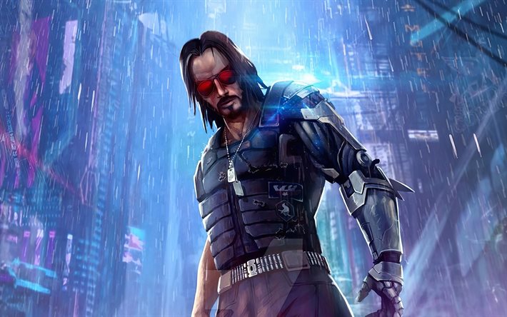 4k, Johnny Silverhand, pioggia, Cyberpunk 2077, RPG, fan art, personaggi di Cyberpunk 2077, opere d&#39;arte, Johnny Silverhand Cyberpunk