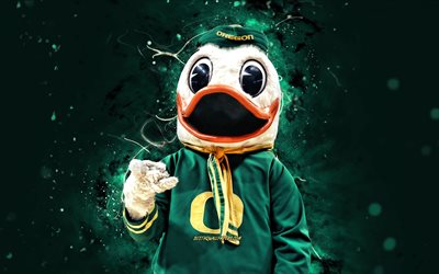 Oregon Duck, 4k, maskot, Oregon Ducks, gr&#246;na neonljus, NCAA, kreativ, USA, Oregon Ducks maskot, NCAA maskotar, officiell maskot, Oregon Duck maskot