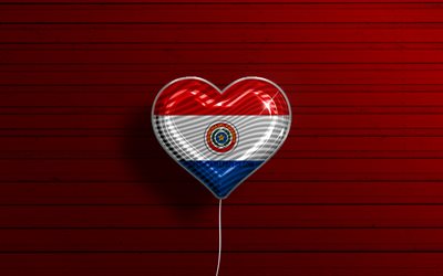 Jag &#228;lskar Paraguay, 4k, realistiska ballonger, r&#246;d tr&#228;bakgrund, Sydamerikanska l&#228;nder, Paraguays hj&#228;rta, favoritl&#228;nder, Paraguays flagga, ballong med flagga, Sydamerika, Paraguay, Love Paraguay