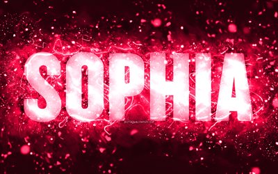 Happy Birthday Sophia, 4k, pink neon lights, Sophia name, creative, Sophia Happy Birthday, Sophia Birthday, popular american female names, picture with Sophia name, Sophia