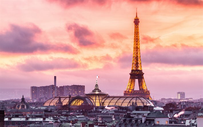 Parigi, Torre Eiffel, Grand Palais, sera, tramonto, panorama di Parigi, paesaggio urbano di Parigi, Francia