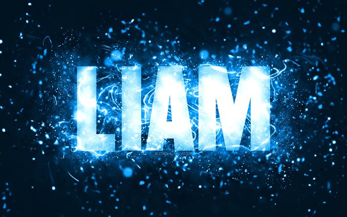 Feliz anivers&#225;rio, Liam, 4k, luzes de n&#233;on azuis, nome do Liam, criativo, Feliz anivers&#225;rio do Liam, Anivers&#225;rio do Liam, nomes masculinos americanos populares, foto com o nome do Liam