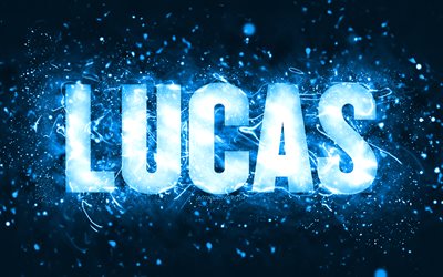 Joyeux anniversaire Lucas, 4k, n&#233;ons bleus, nom de Lucas, cr&#233;atif, Lucas joyeux anniversaire, anniversaire de Lucas, noms masculins am&#233;ricains populaires, photo avec le nom de Lucas, Lucas