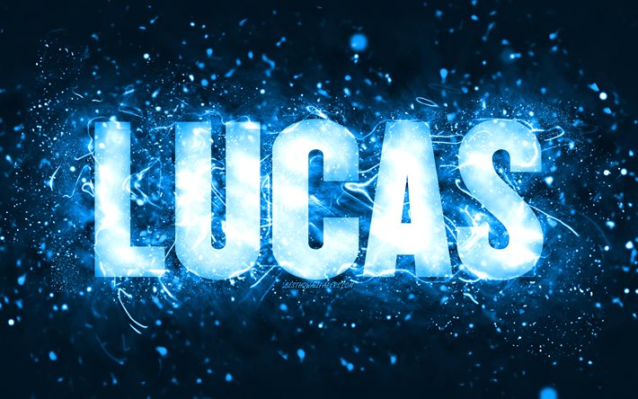 Feliz Anivers&#225;rio Lucas, 4k, luzes de n&#233;on azuis, nome Lucas, criativo, Lucas Feliz Anivers&#225;rio, Lucas Anivers&#225;rio, nomes masculinos americanos populares, foto com o nome Lucas, Lucas