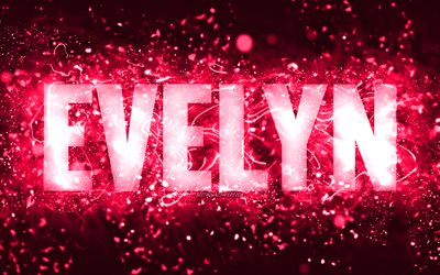Buon compleanno Evelyn, 4k, luci al neon rosa, nome Evelyn, creativo, buon compleanno Evelyn, compleanno Evelyn, nomi femminili americani popolari, foto con nome Evelyn, Evelyn
