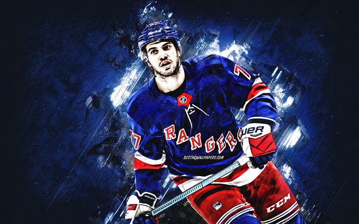 Tony DeAngelo, New York Rangers, NHL, American hockey player, blue stone background, National Hockey League, hockey