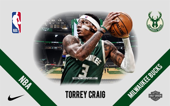 Torrey Craig, Milwaukee Bucks, jogador americano de basquete, NBA, retrato, EUA, basquete, Fiserv Forum, logotipo do Milwaukee Bucks